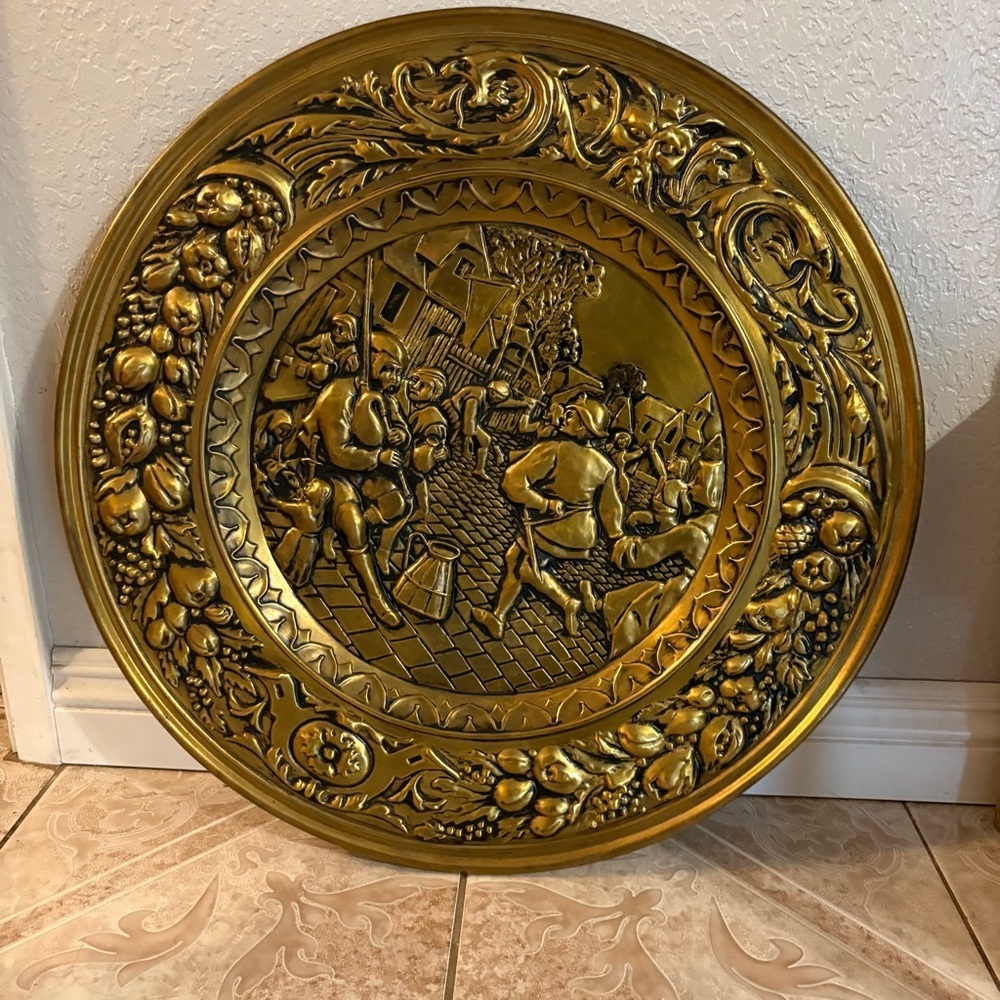 Vintage Brass Large Embossed Wall Plaque England Festival Pub Decor Village MCM
